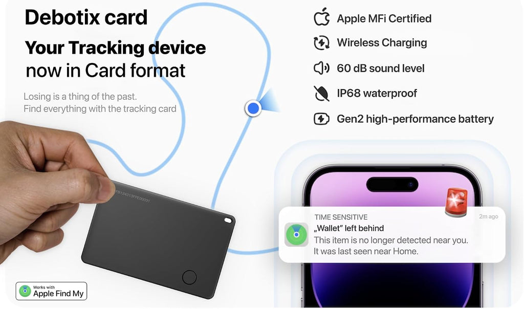 Wallet Tracker Card, Rechargable, Works with Apple Find My, Iphone (Ios Only), Bluetooth Item Locator for Luggage, Bags, Passport, IP68 Waterproof (1 Pack)