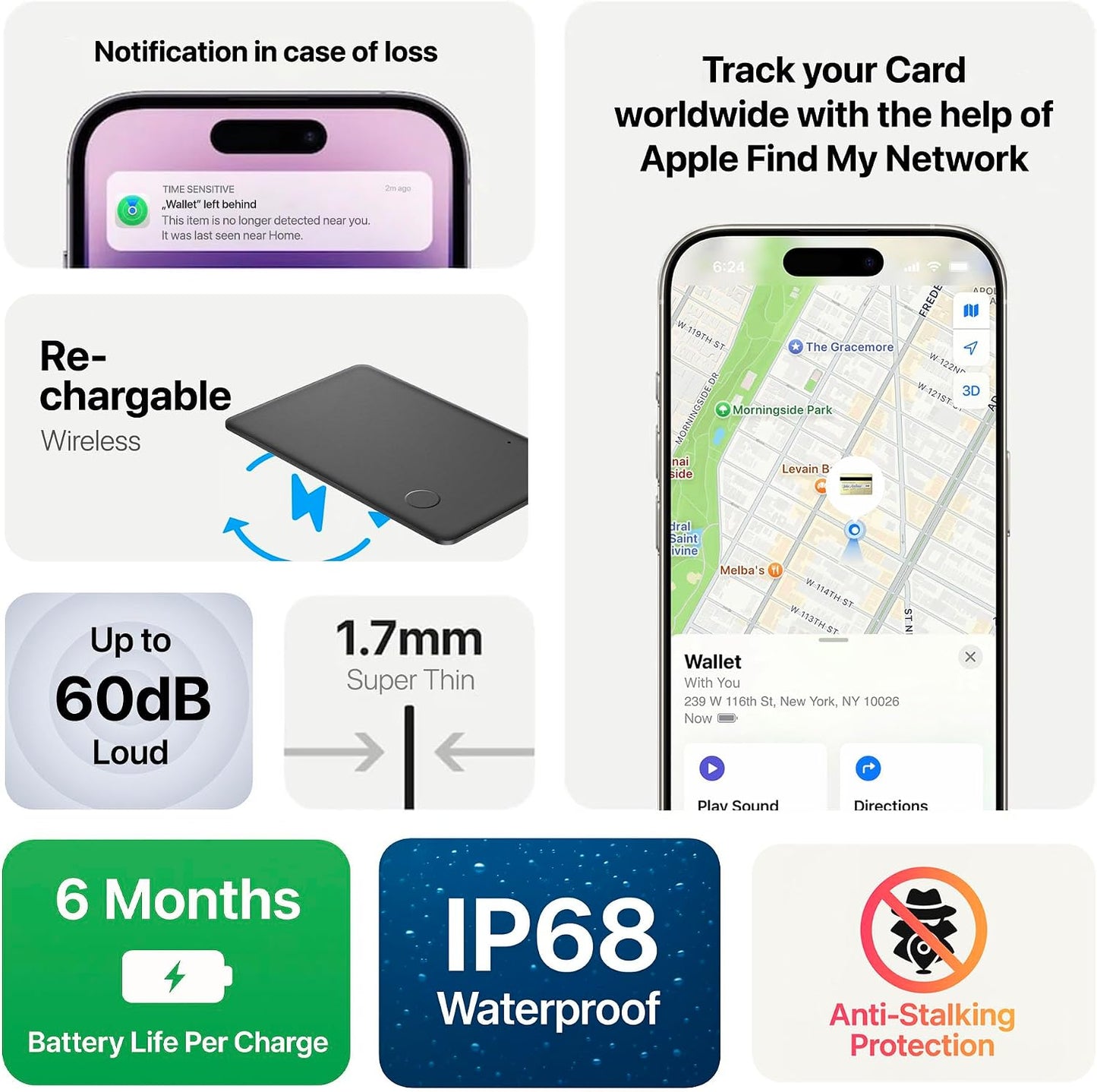Wallet Tracker Card, Rechargable, Works with Apple Find My, Iphone (Ios Only), Bluetooth Item Locator for Luggage, Bags, Passport, IP68 Waterproof (1 Pack)